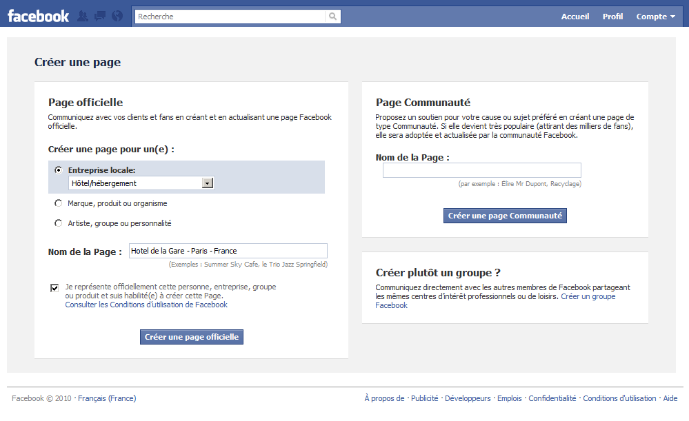 creation page facebook pour hotel restaurant