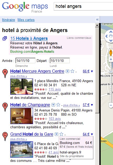 Les resultats Google Map pour un hôtel avec affichage du prix