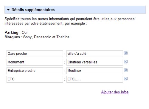 Les details supplementaires de la fiche google adresse sont a optimiser