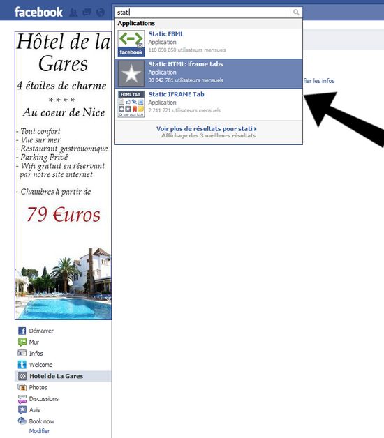 installez l'application static html iframe tabs pour facebook