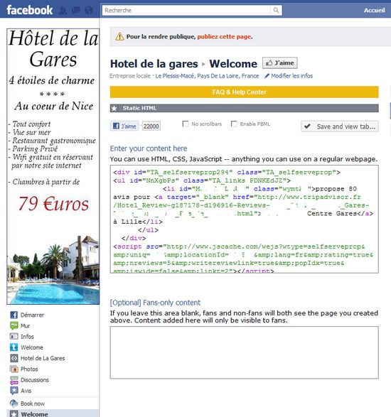 coller le code source de tripasdvisor dans l'onglet de la page facebook fan de votre hotel