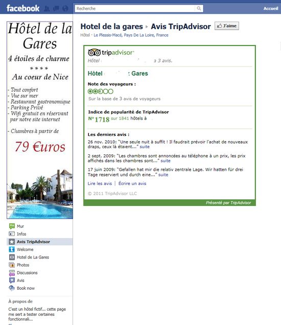 Affichage d'avis TripAdvisor sur la page fan facebook de votre hôtel: le resultat