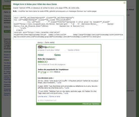 COde source du widget ou badge tripadvisor